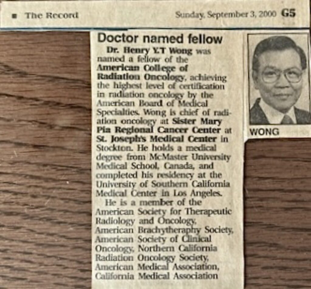 Stockton Record article about Dr. Henry Y.T. Wong being named a fellow of the American College of Radiation Oncology