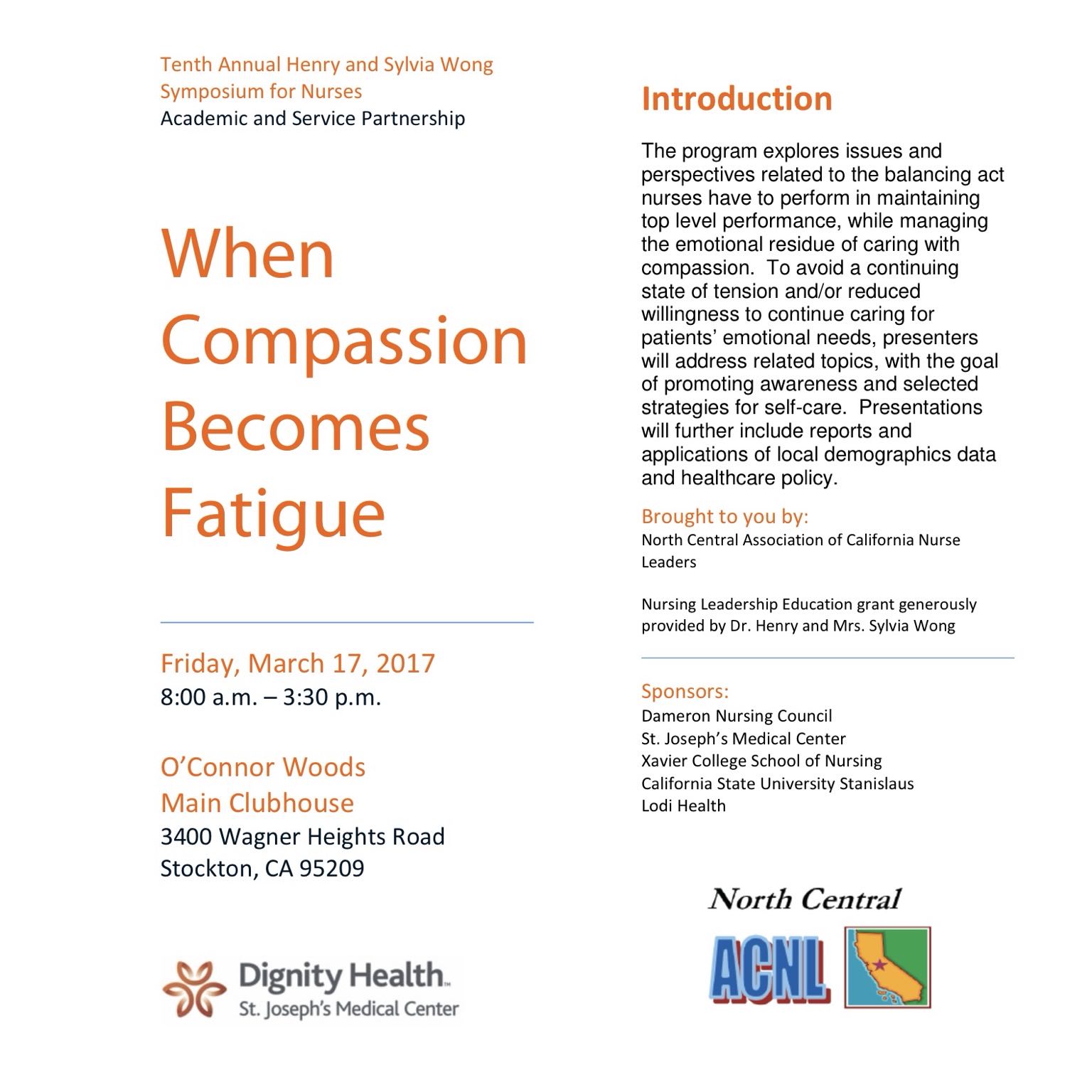 Page 1 of the brochure for the Tenth Annual Henry and Sylvia Wong Symposium for Nurses, entitled When Compassion Becomes Fatigue