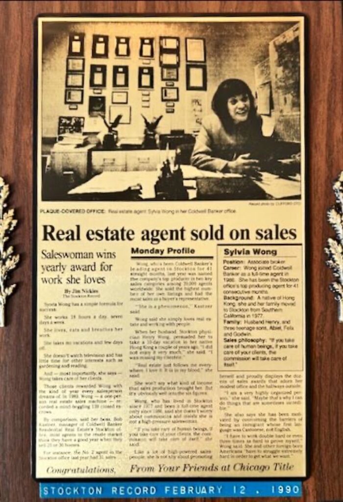 Plaque with a Stockton Record article dated February 12, 1990, entitled Real Estate AGent Sold on Sales