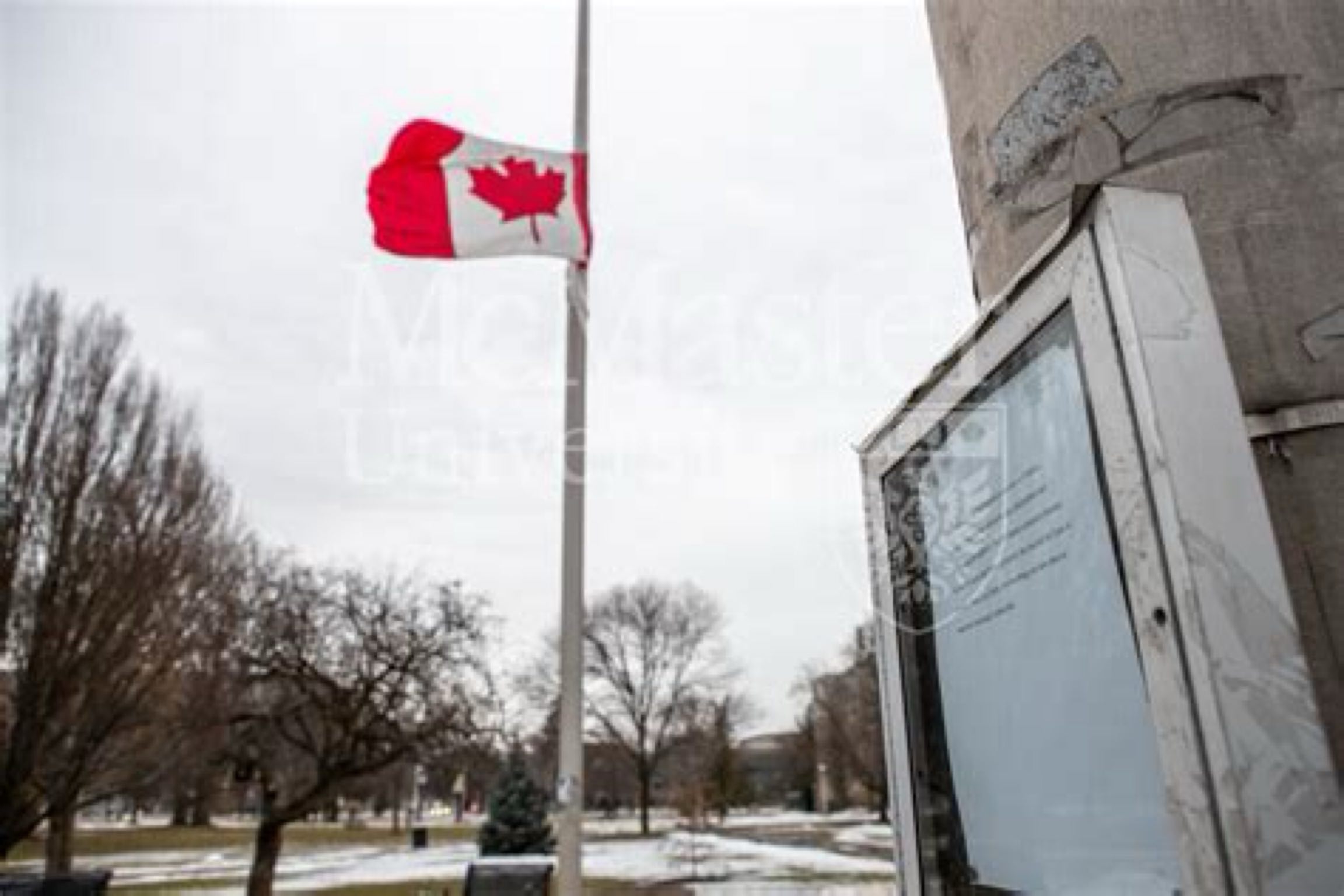 A Canadian Flag at half-mast at McMaster University