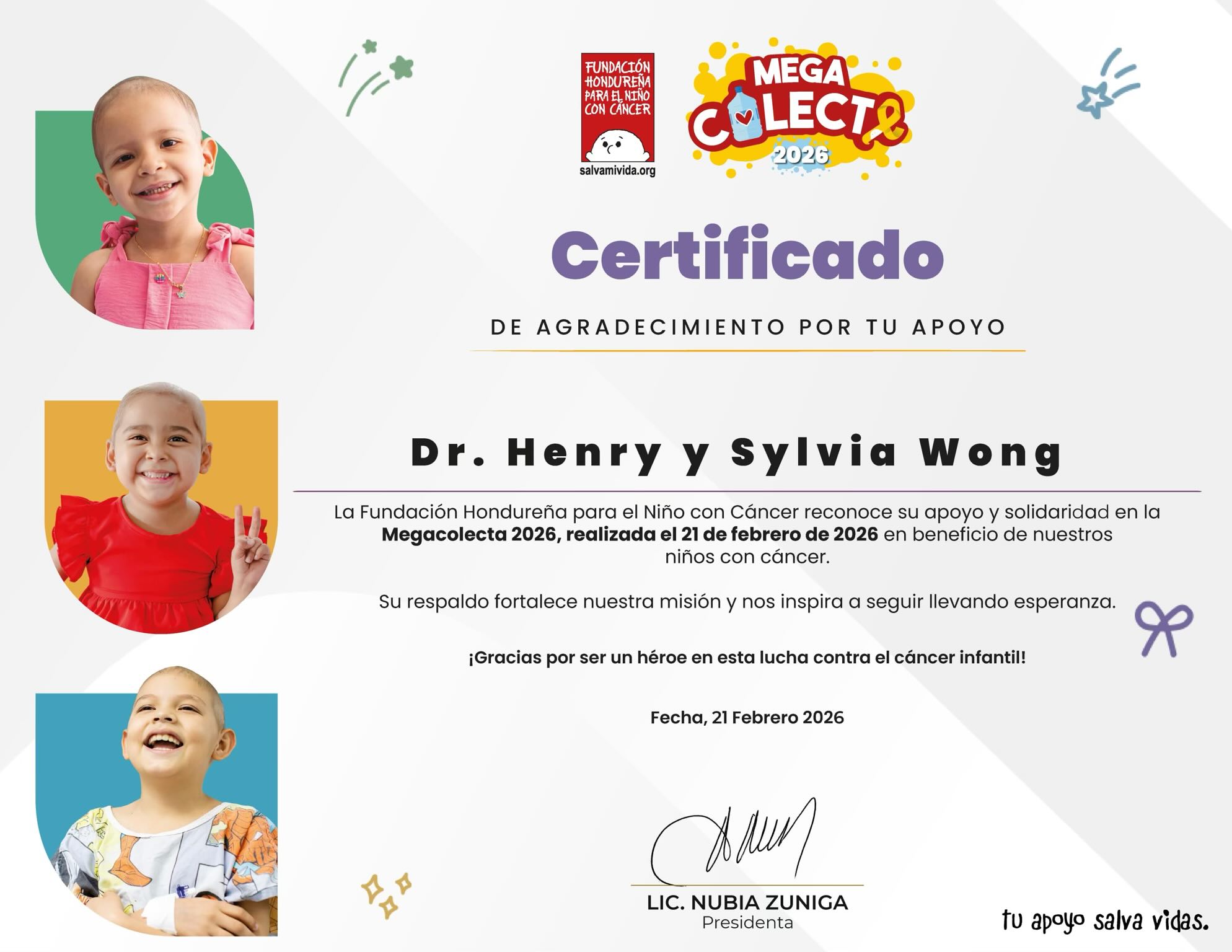 Certificate of appreciation for Dr. Henry and Sylvia Wong